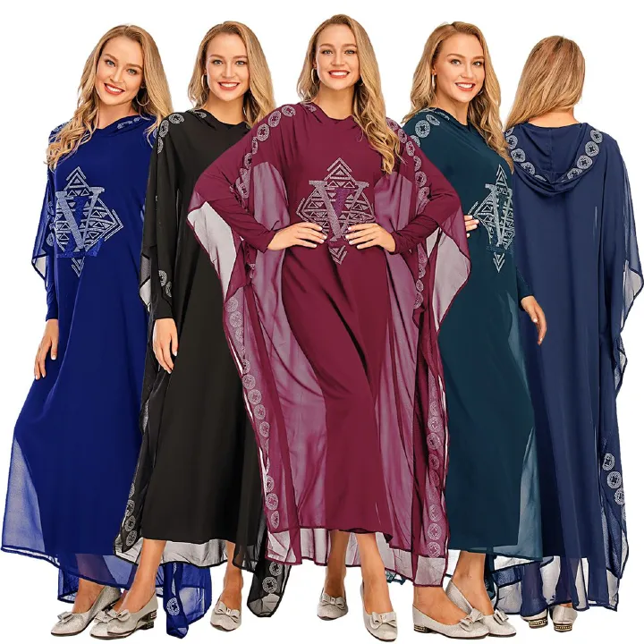 New fashion able Muslim gradient Arabian robe Dubai fashionable Muslim popular women's cardigan chiffon Luxurious rhinestone Muslim Dress