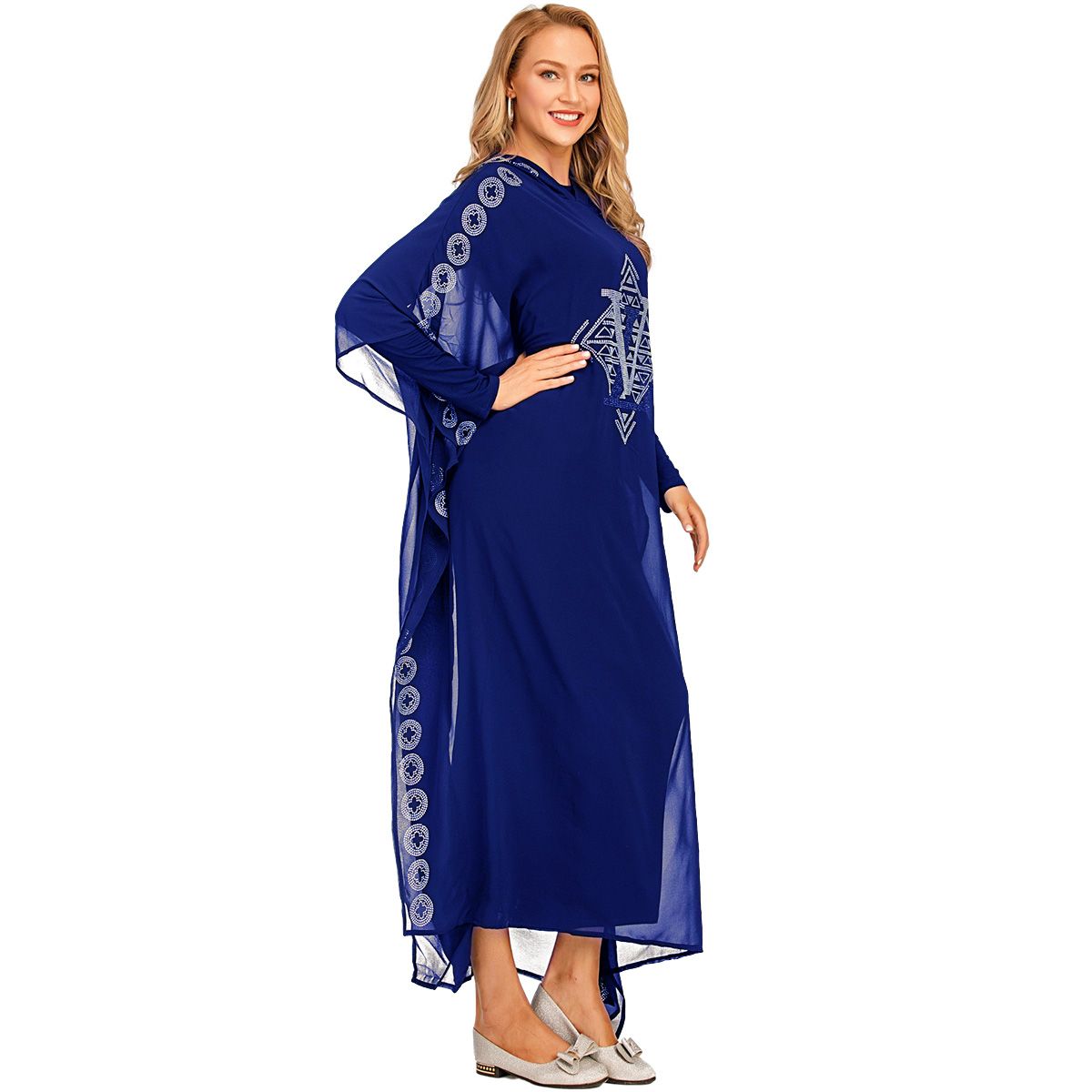 New fashion able Muslim gradient Arabian robe Dubai fashionable Muslim popular women's cardigan chiffon Luxurious rhinestone Muslim Dress