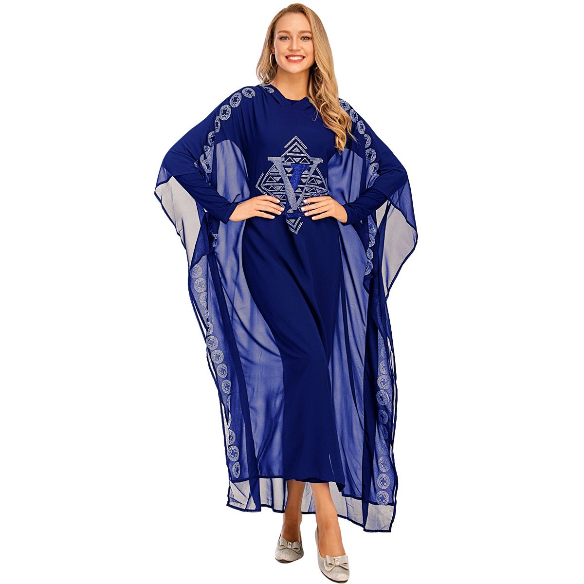 New fashion able Muslim gradient Arabian robe Dubai fashionable Muslim popular women's cardigan chiffon Luxurious rhinestone Muslim Dress