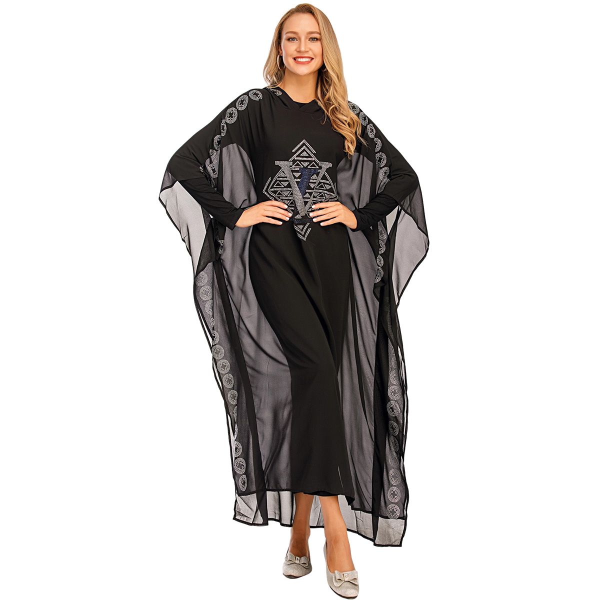 New fashion able Muslim gradient Arabian robe Dubai fashionable Muslim popular women's cardigan chiffon Luxurious rhinestone Muslim Dress