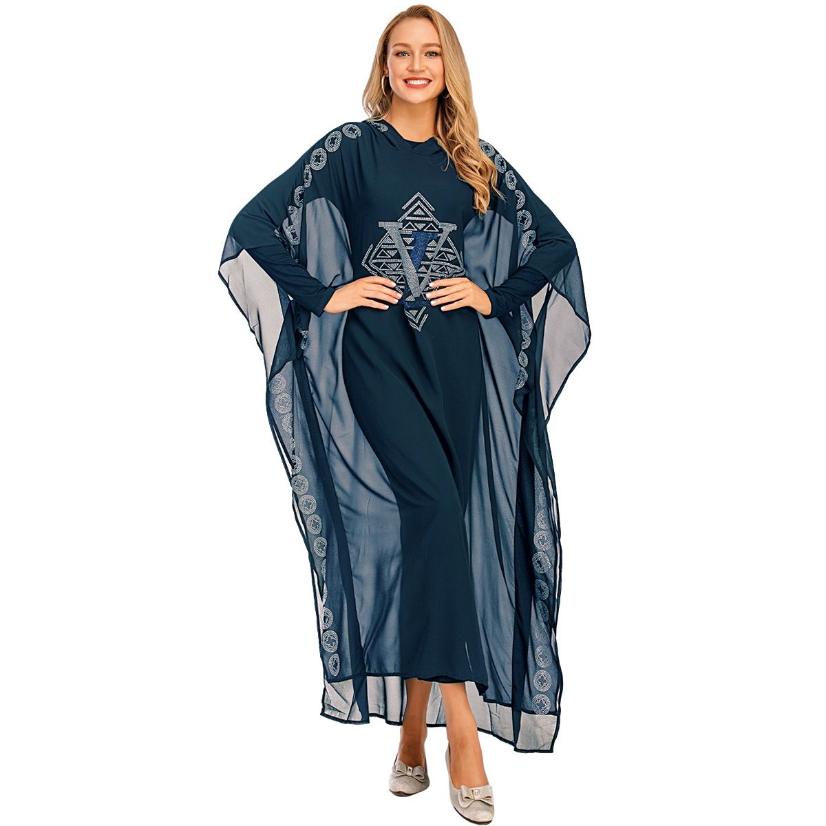 New fashion able Muslim gradient Arabian robe Dubai fashionable Muslim popular women's cardigan chiffon Luxurious rhinestone Muslim Dress