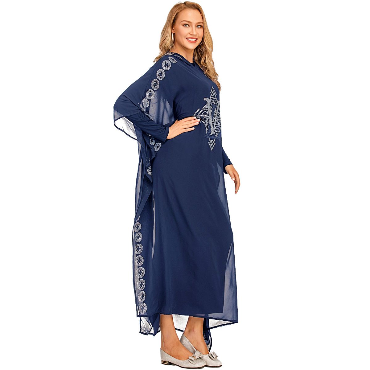 New fashion able Muslim gradient Arabian robe Dubai fashionable Muslim popular women's cardigan chiffon Luxurious rhinestone Muslim Dress