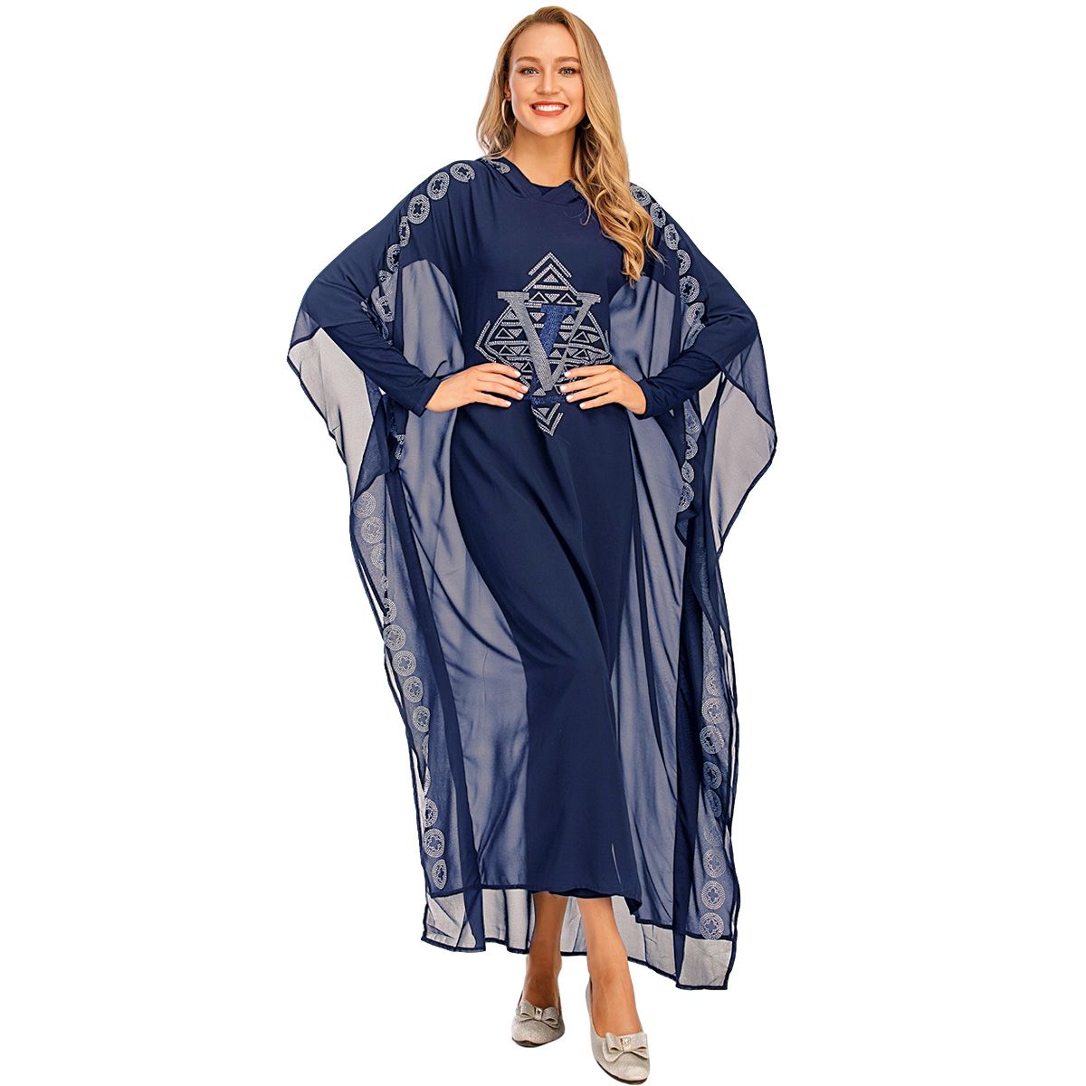 New fashion able Muslim gradient Arabian robe Dubai fashionable Muslim popular women's cardigan chiffon Luxurious rhinestone Muslim Dress