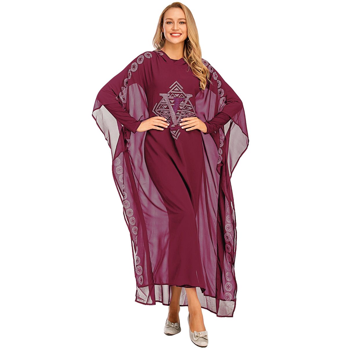 New fashion able Muslim gradient Arabian robe Dubai fashionable Muslim popular women's cardigan chiffon Luxurious rhinestone Muslim Dress