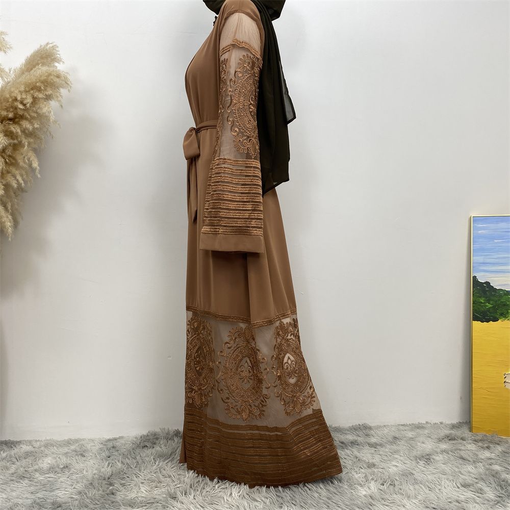 Muslim Middle East Islamic fashion hit cardigan women's wear, embroidered mesh fabric, Dubai robe dress