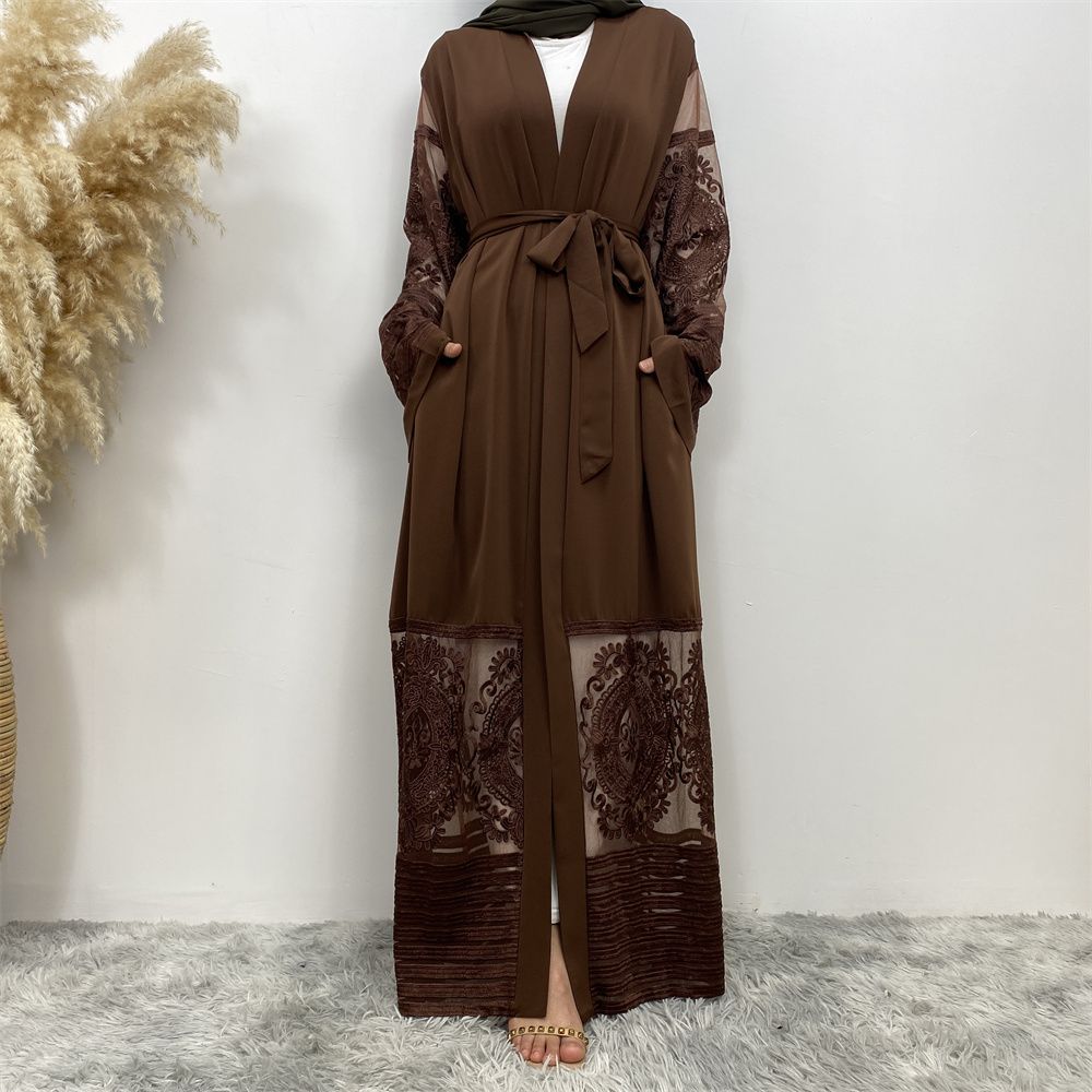 Muslim Middle East Islamic fashion hit cardigan women's wear, embroidered mesh fabric, Dubai robe dress