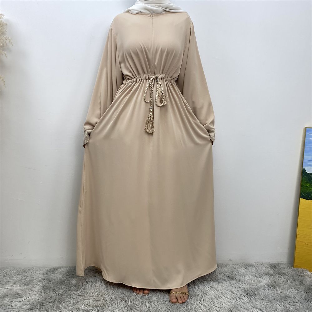 Middle Eastern Muslim fashion women's dress with diamond and patchwork lace-up, Islamic women's popular pocket robe