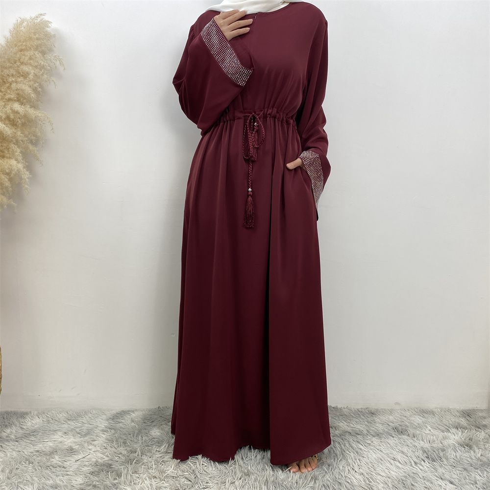 Middle Eastern Muslim fashion women's dress with diamond and patchwork lace-up, Islamic women's popular pocket robe