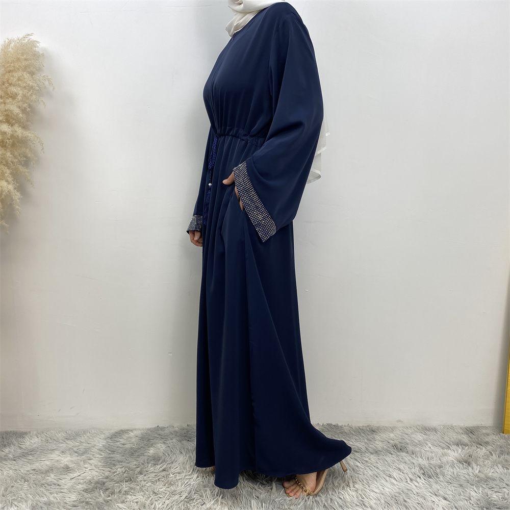 Middle Eastern Muslim fashion women's dress with diamond and patchwork lace-up, Islamic women's popular pocket robe