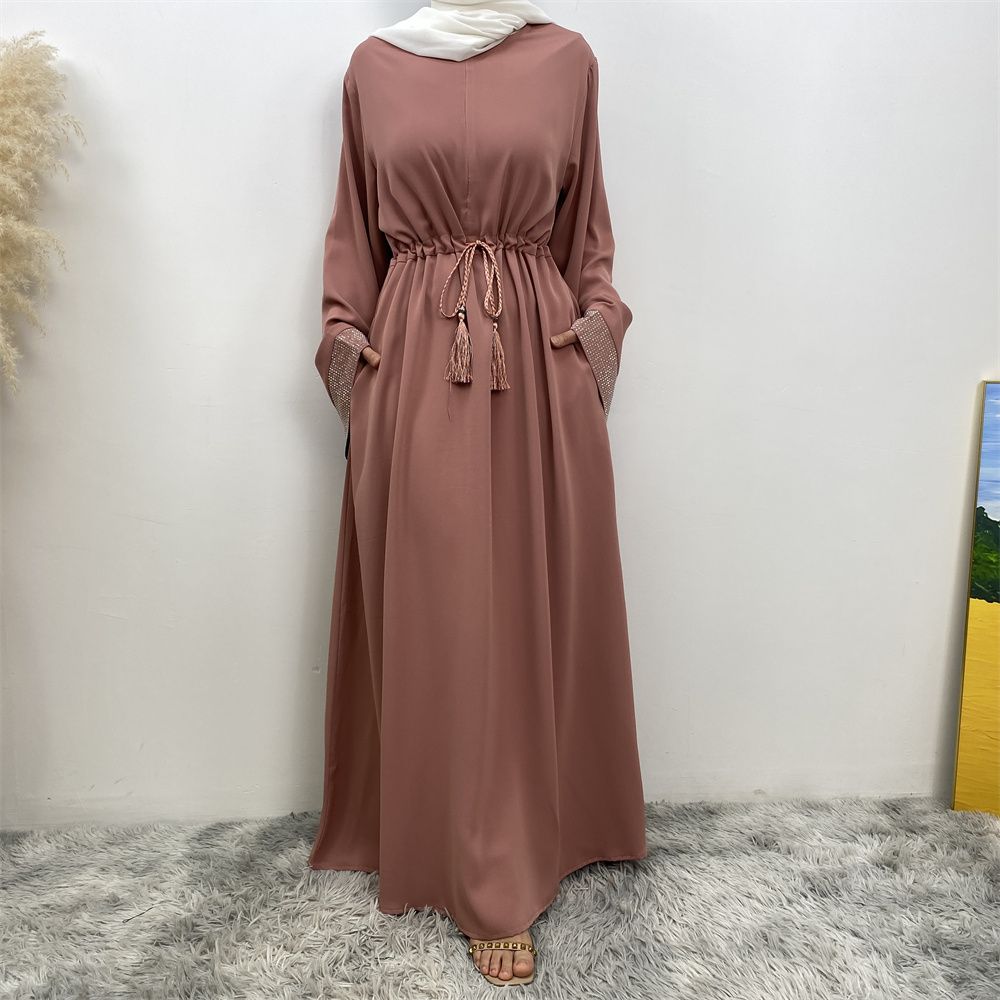 Middle Eastern Muslim fashion women's dress with diamond and patchwork lace-up, Islamic women's popular pocket robe