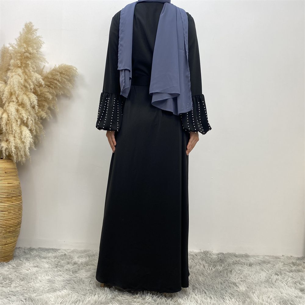 Arab, Turkish, Middle Eastern, fashionable, elegant, solid-color beaded, Muslim, lace-up cardigan, long robe, Islamic women's dress