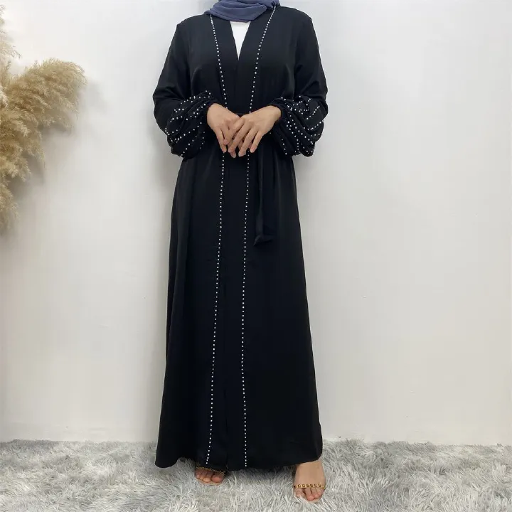 Arab, Turkish, Middle Eastern, fashionable, elegant, solid-color beaded, Muslim, lace-up cardigan, long robe, Islamic women's dress