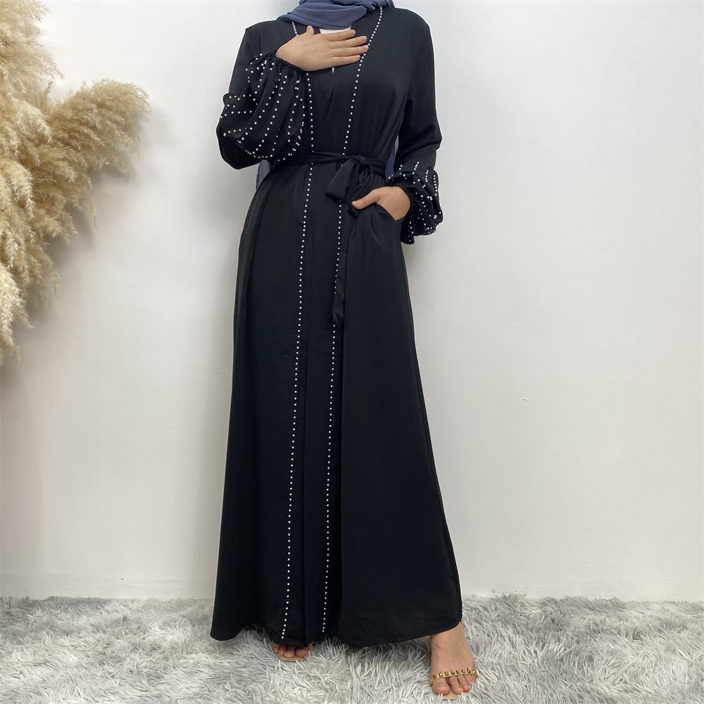 Arab, Turkish, Middle Eastern, fashionable, elegant, solid-color beaded, Muslim, lace-up cardigan, long robe, Islamic women's dress
