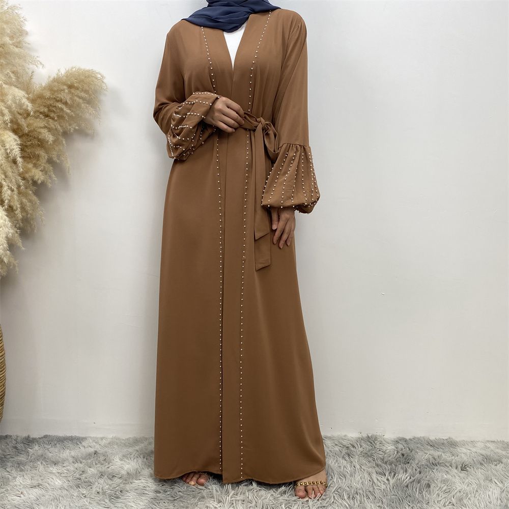 Arab, Turkish, Middle Eastern, fashionable, elegant, solid-color beaded, Muslim, lace-up cardigan, long robe, Islamic women's dress