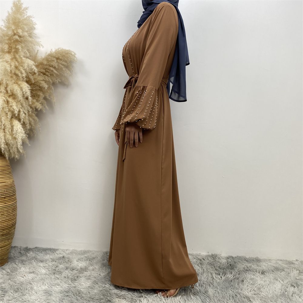 Arab, Turkish, Middle Eastern, fashionable, elegant, solid-color beaded, Muslim, lace-up cardigan, long robe, Islamic women's dress