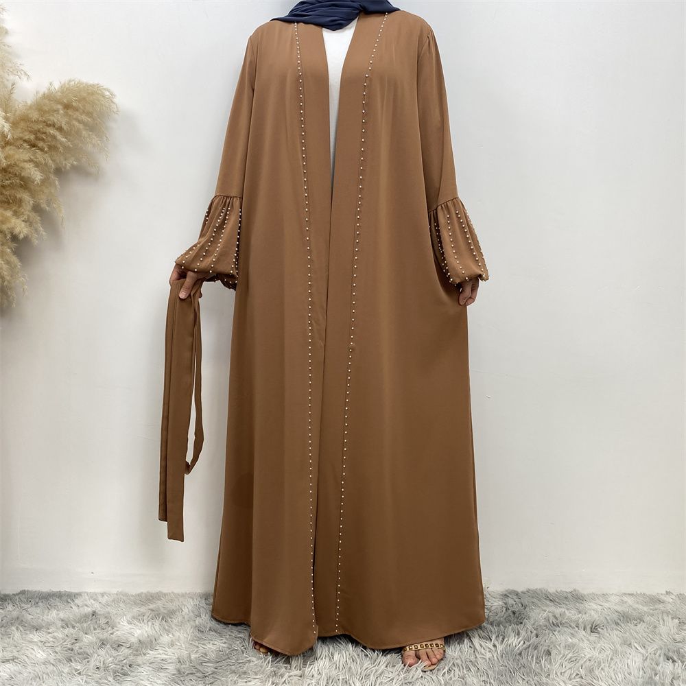 Arab, Turkish, Middle Eastern, fashionable, elegant, solid-color beaded, Muslim, lace-up cardigan, long robe, Islamic women's dress