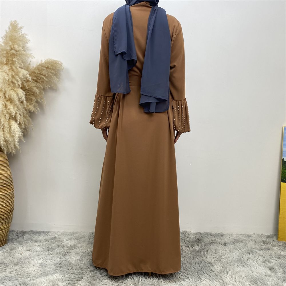Arab, Turkish, Middle Eastern, fashionable, elegant, solid-color beaded, Muslim, lace-up cardigan, long robe, Islamic women's dress