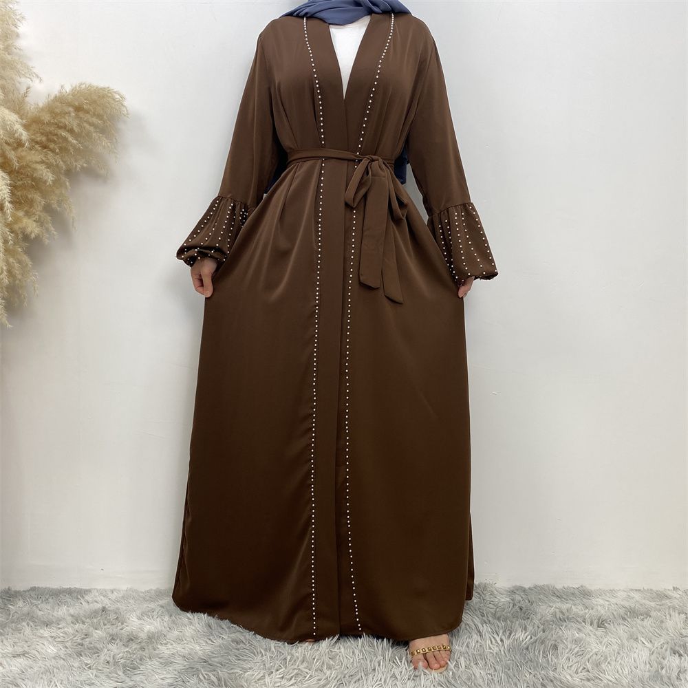 Arab, Turkish, Middle Eastern, fashionable, elegant, solid-color beaded, Muslim, lace-up cardigan, long robe, Islamic women's dress