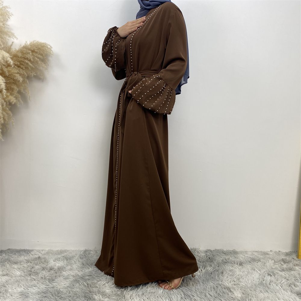 Arab, Turkish, Middle Eastern, fashionable, elegant, solid-color beaded, Muslim, lace-up cardigan, long robe, Islamic women's dress