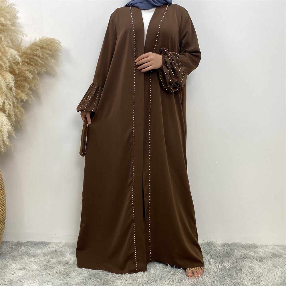 Arab, Turkish, Middle Eastern, fashionable, elegant, solid-color beaded, Muslim, lace-up cardigan, long robe, Islamic women's dress