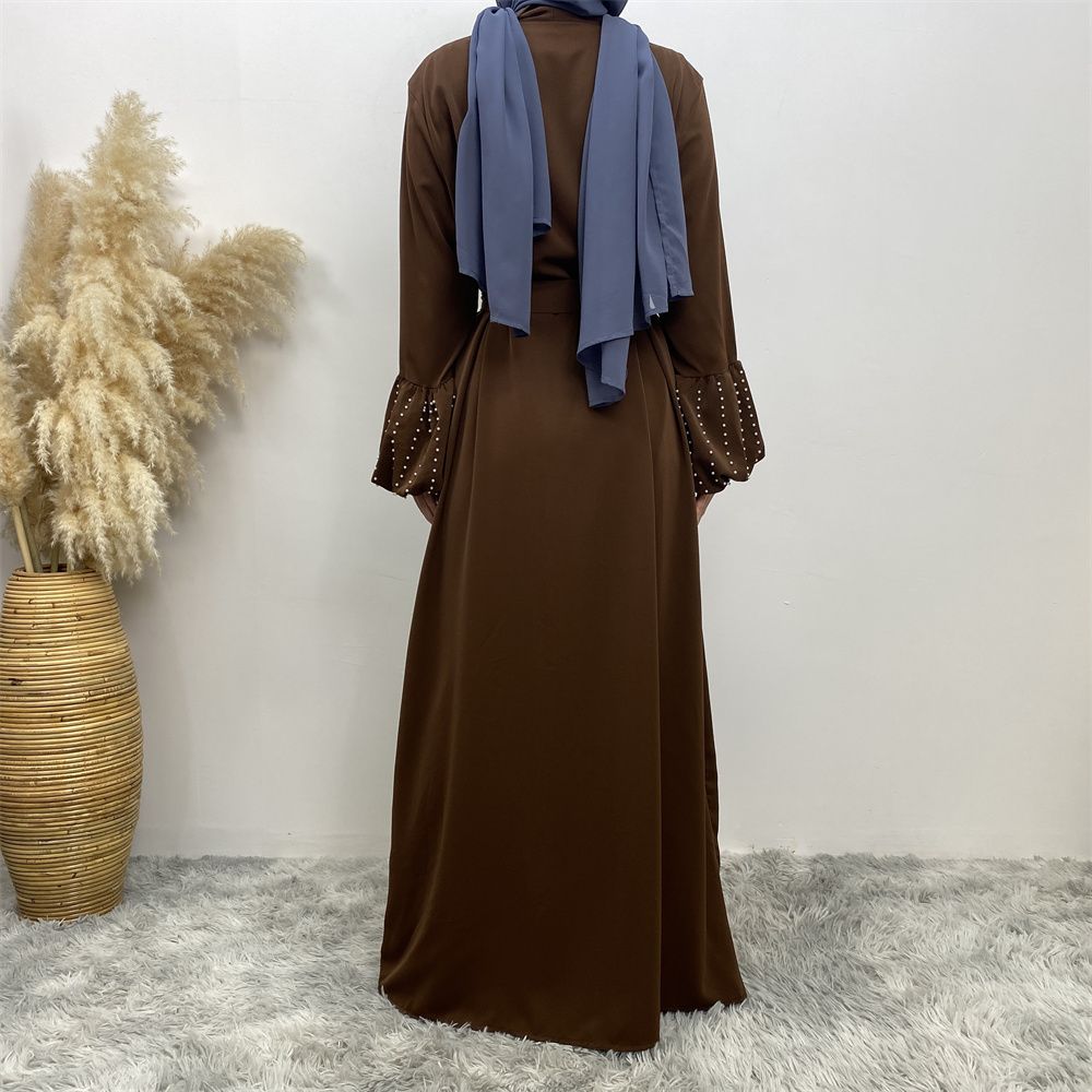 Arab, Turkish, Middle Eastern, fashionable, elegant, solid-color beaded, Muslim, lace-up cardigan, long robe, Islamic women's dress