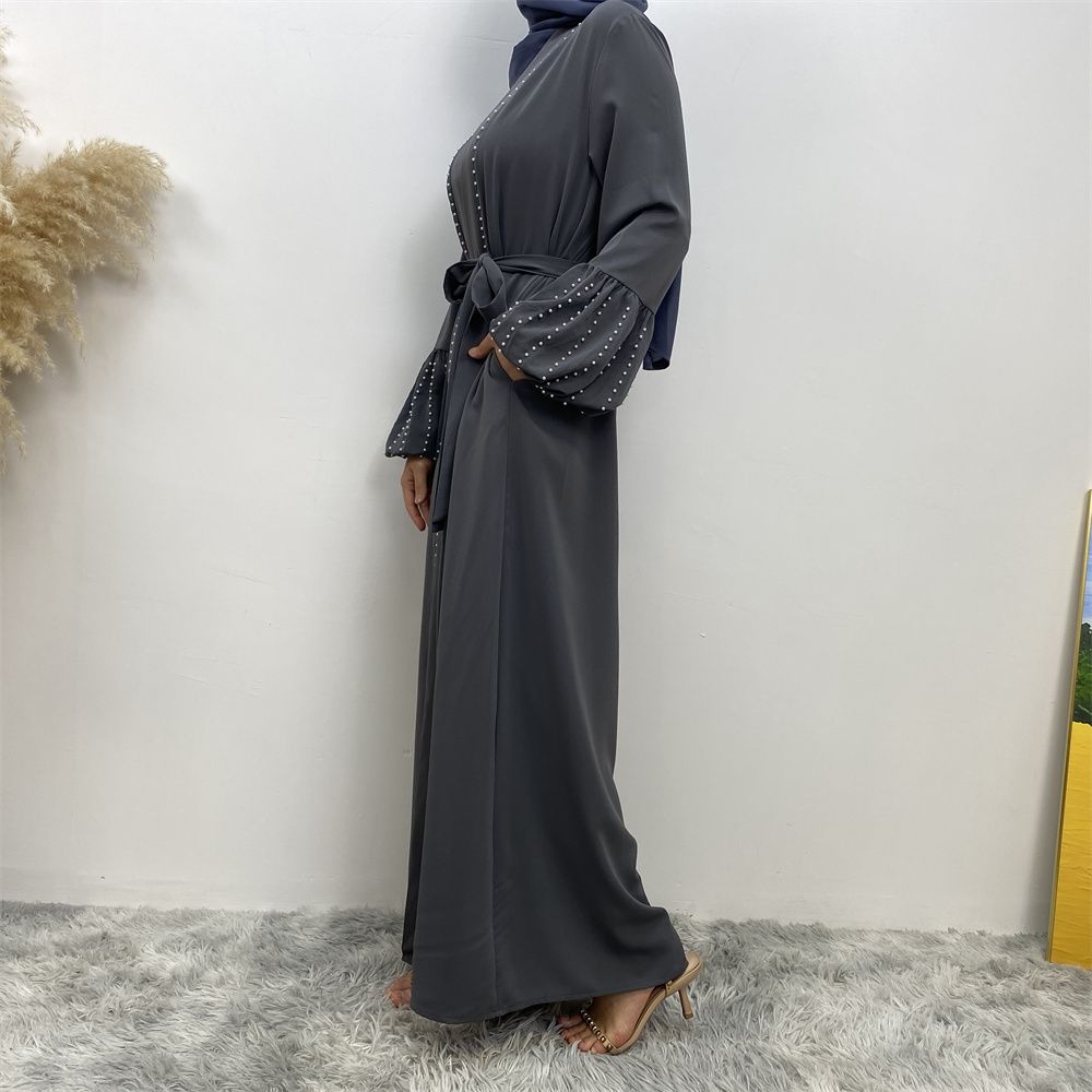 Arab, Turkish, Middle Eastern, fashionable, elegant, solid-color beaded, Muslim, lace-up cardigan, long robe, Islamic women's dress