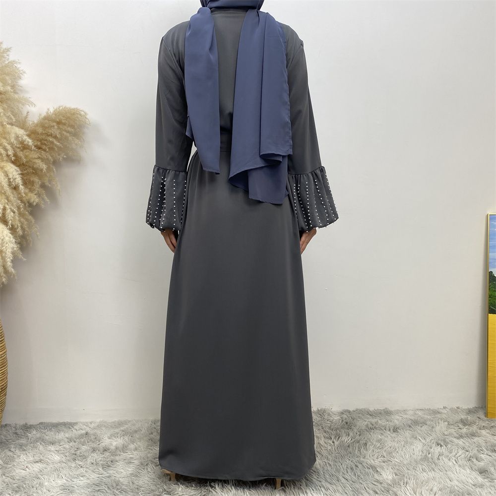 Arab, Turkish, Middle Eastern, fashionable, elegant, solid-color beaded, Muslim, lace-up cardigan, long robe, Islamic women's dress