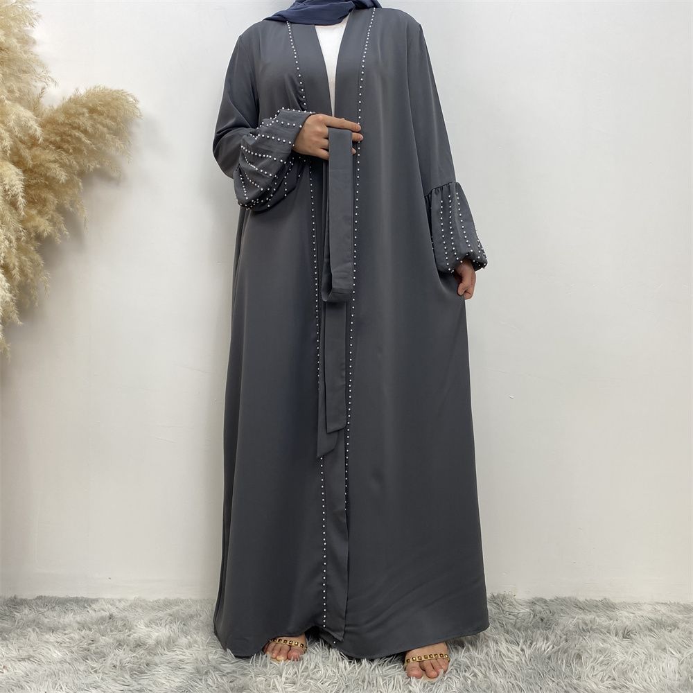 Arab, Turkish, Middle Eastern, fashionable, elegant, solid-color beaded, Muslim, lace-up cardigan, long robe, Islamic women's dress