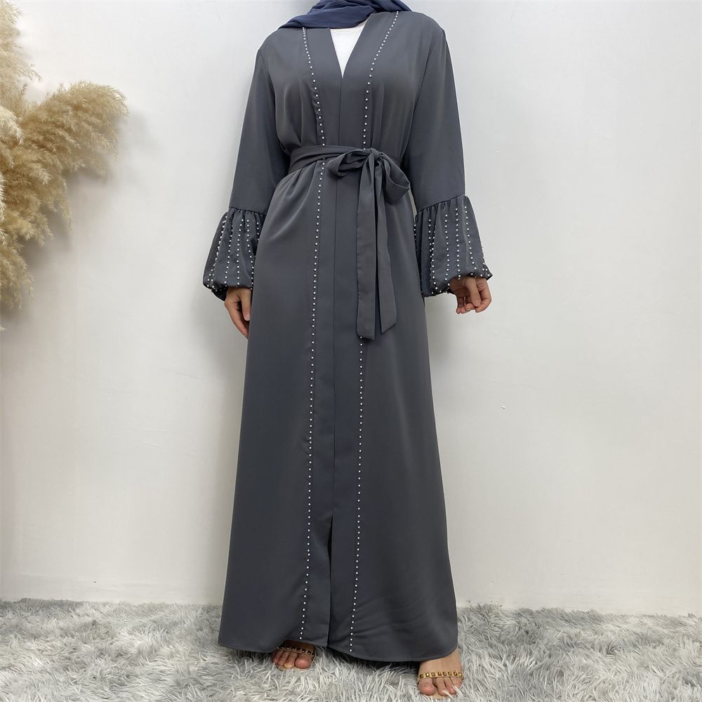 Arab, Turkish, Middle Eastern, fashionable, elegant, solid-color beaded, Muslim, lace-up cardigan, long robe, Islamic women's dress