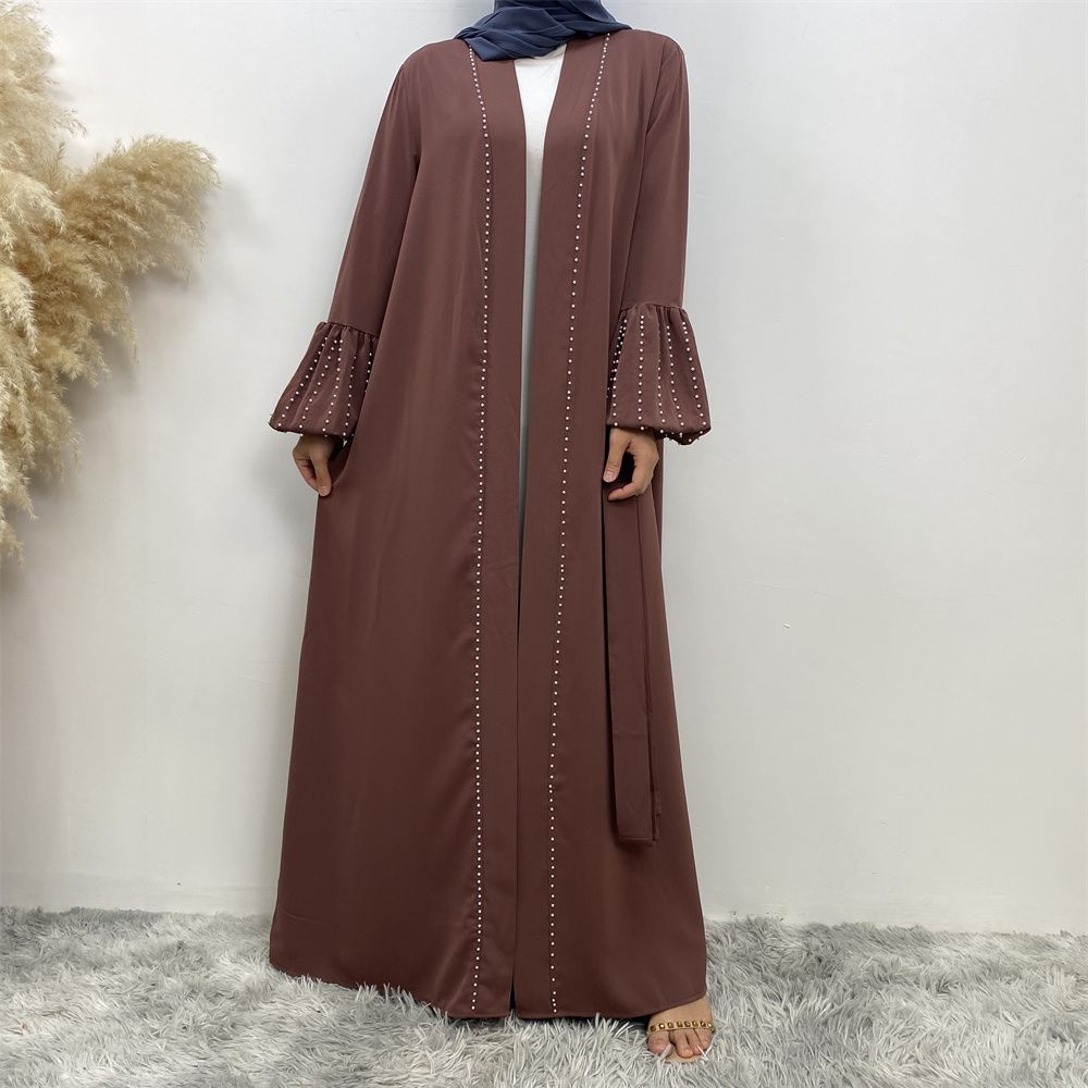 Arab, Turkish, Middle Eastern, fashionable, elegant, solid-color beaded, Muslim, lace-up cardigan, long robe, Islamic women's dress