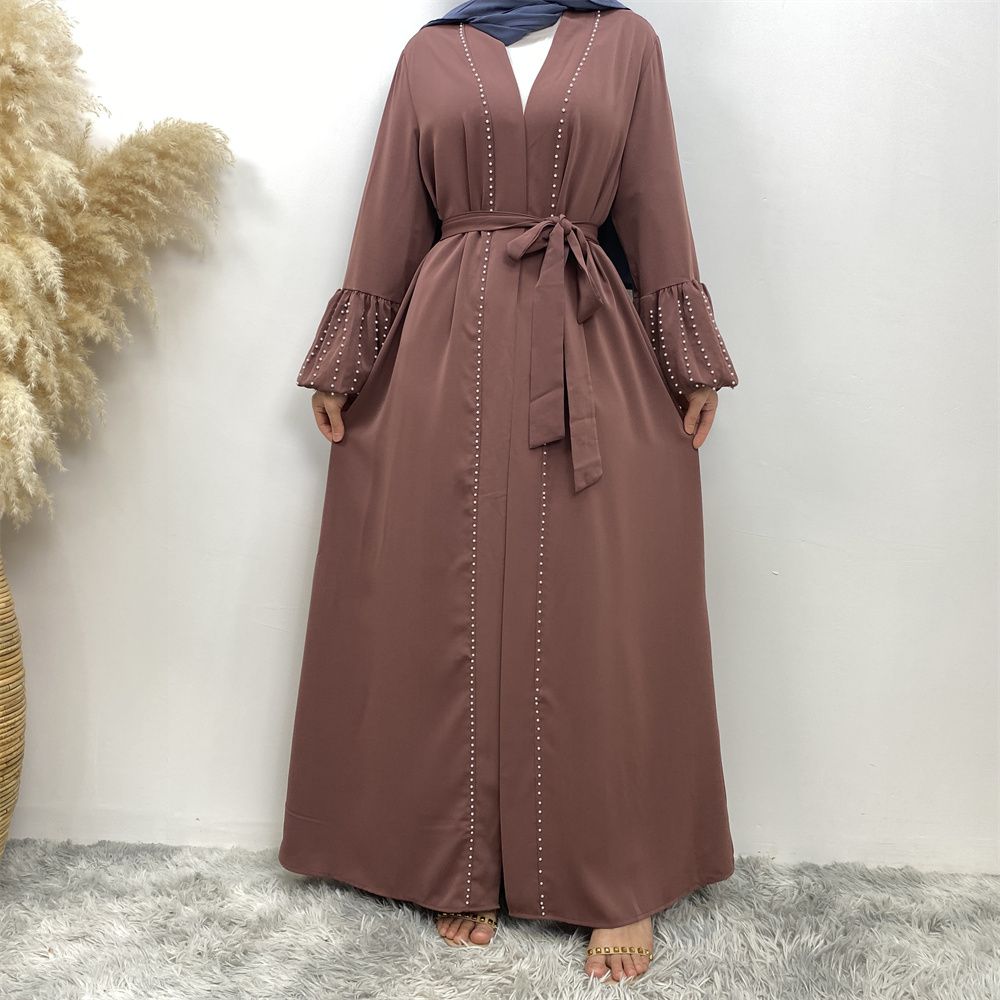 Arab, Turkish, Middle Eastern, fashionable, elegant, solid-color beaded, Muslim, lace-up cardigan, long robe, Islamic women's dress