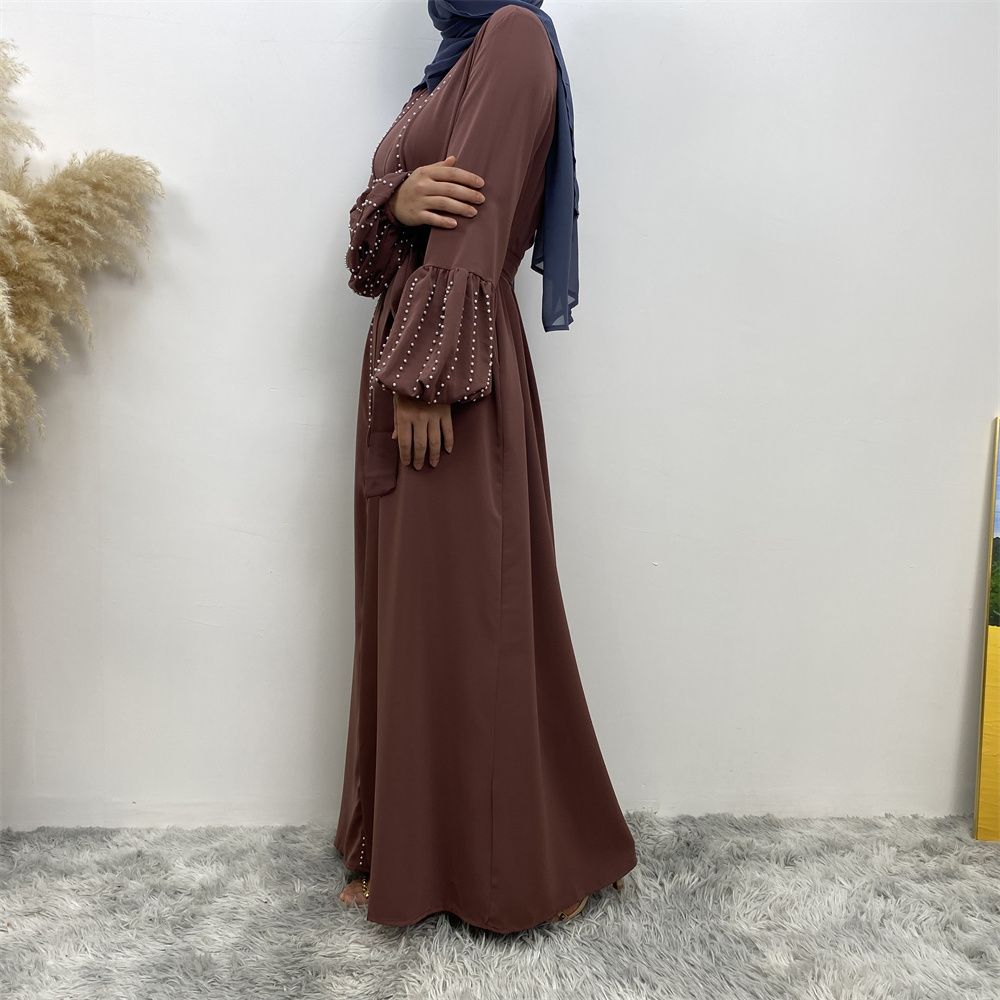 Arab, Turkish, Middle Eastern, fashionable, elegant, solid-color beaded, Muslim, lace-up cardigan, long robe, Islamic women's dress