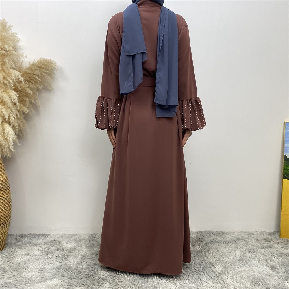 Arab, Turkish, Middle Eastern, fashionable, elegant, solid-color beaded, Muslim, lace-up cardigan, long robe, Islamic women's dress