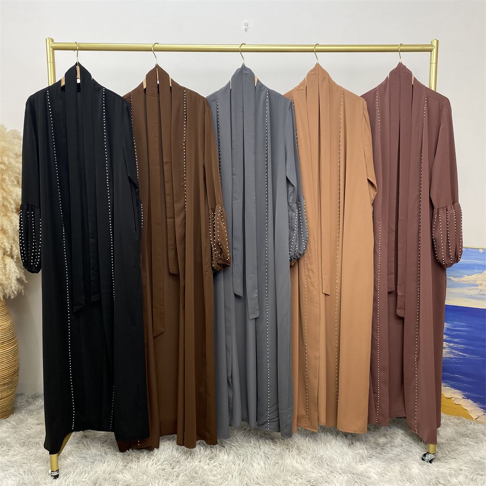 Arab, Turkish, Middle Eastern, fashionable, elegant, solid-color beaded, Muslim, lace-up cardigan, long robe, Islamic women's dress