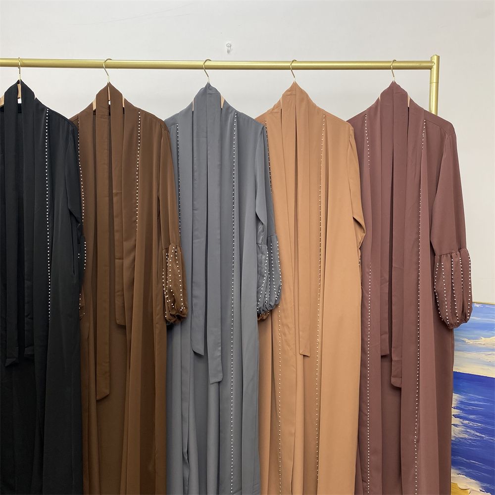 Arab, Turkish, Middle Eastern, fashionable, elegant, solid-color beaded, Muslim, lace-up cardigan, long robe, Islamic women's dress