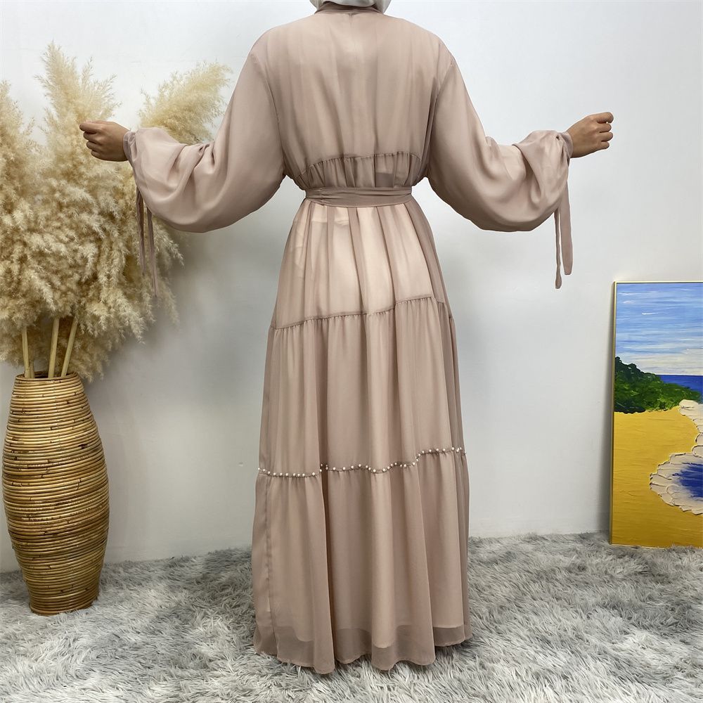 Middle Eastern Arab Turkish fashion, elegant solid color beaded Muslim women's wear, Lin Tie chiffon cardigan, long robe dress