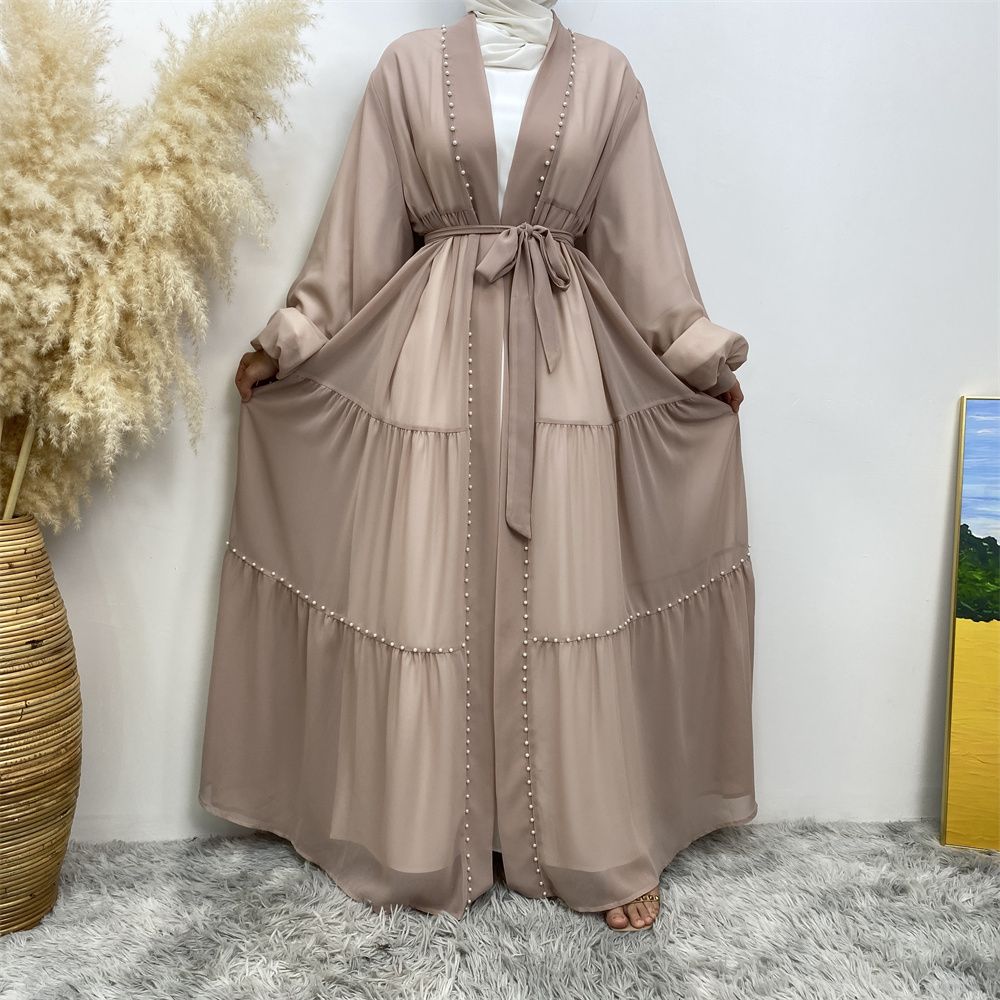 Middle Eastern Arab Turkish fashion, elegant solid color beaded Muslim women's wear, Lin Tie chiffon cardigan, long robe dress