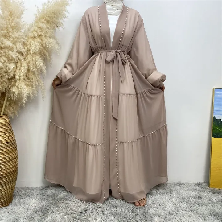 Middle Eastern Arab Turkish fashion, elegant solid color beaded Muslim women's wear, Lin Tie chiffon cardigan, long robe dress
