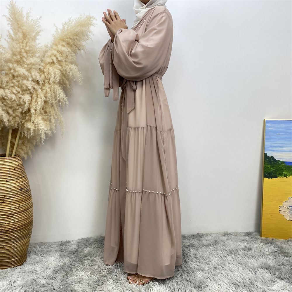 Middle Eastern Arab Turkish fashion, elegant solid color beaded Muslim women's wear, Lin Tie chiffon cardigan, long robe dress