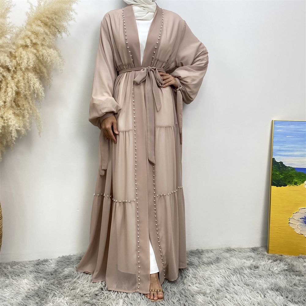 Middle Eastern Arab Turkish fashion, elegant solid color beaded Muslim women's wear, Lin Tie chiffon cardigan, long robe dress