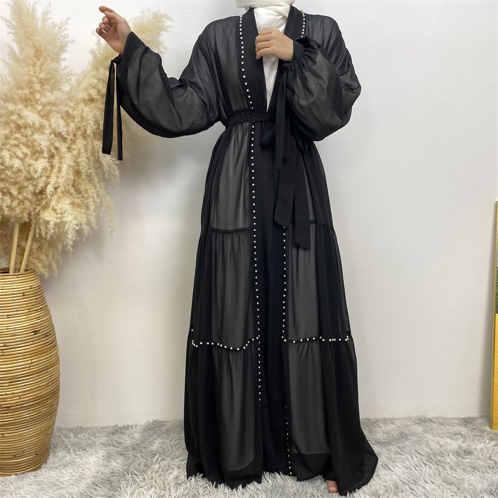 Middle Eastern Arab Turkish fashion, elegant solid color beaded Muslim women's wear, Lin Tie chiffon cardigan, long robe dress