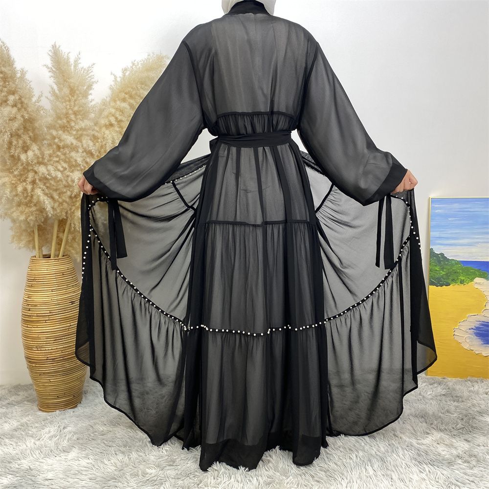 Middle Eastern Arab Turkish fashion, elegant solid color beaded Muslim women's wear, Lin Tie chiffon cardigan, long robe dress