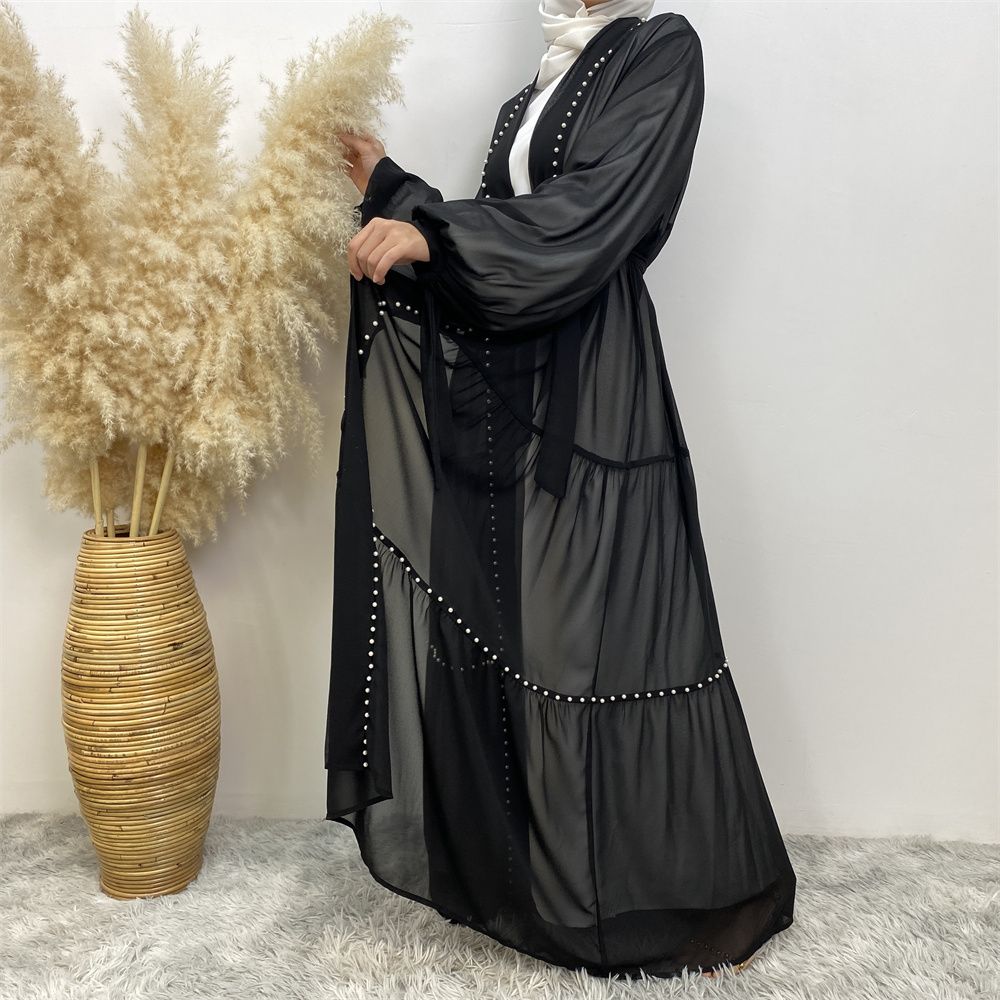 Middle Eastern Arab Turkish fashion, elegant solid color beaded Muslim women's wear, Lin Tie chiffon cardigan, long robe dress