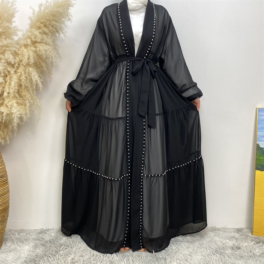 Middle Eastern Arab Turkish fashion, elegant solid color beaded Muslim women's wear, Lin Tie chiffon cardigan, long robe dress