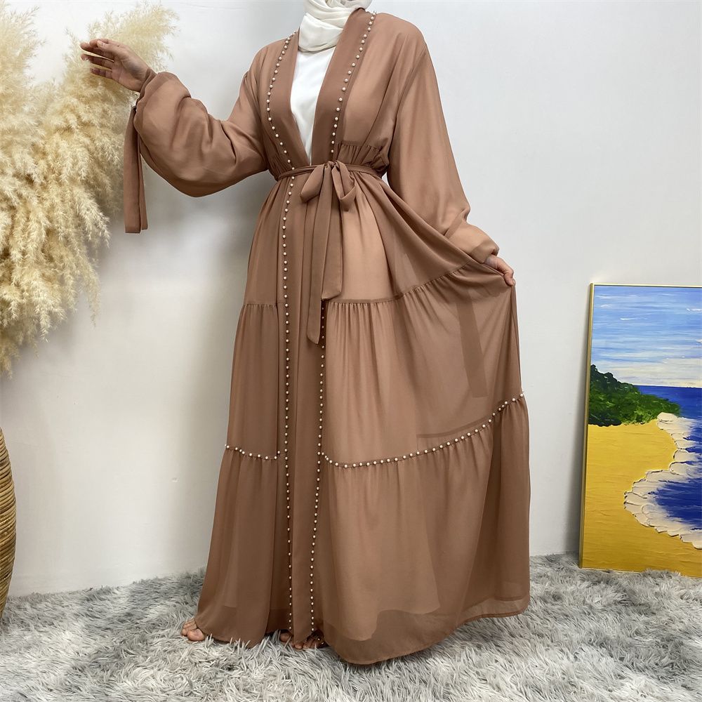 Middle Eastern Arab Turkish fashion, elegant solid color beaded Muslim women's wear, Lin Tie chiffon cardigan, long robe dress
