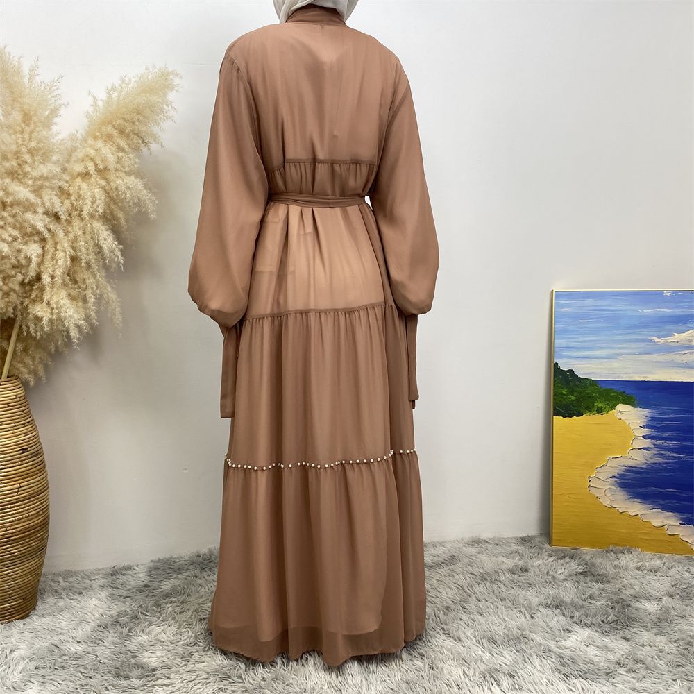 Middle Eastern Arab Turkish fashion, elegant solid color beaded Muslim women's wear, Lin Tie chiffon cardigan, long robe dress