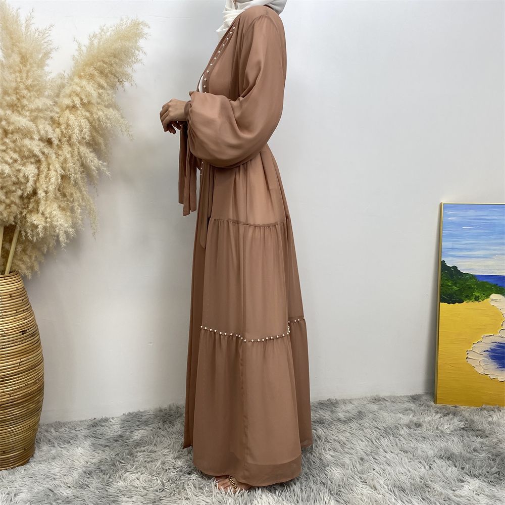 Middle Eastern Arab Turkish fashion, elegant solid color beaded Muslim women's wear, Lin Tie chiffon cardigan, long robe dress