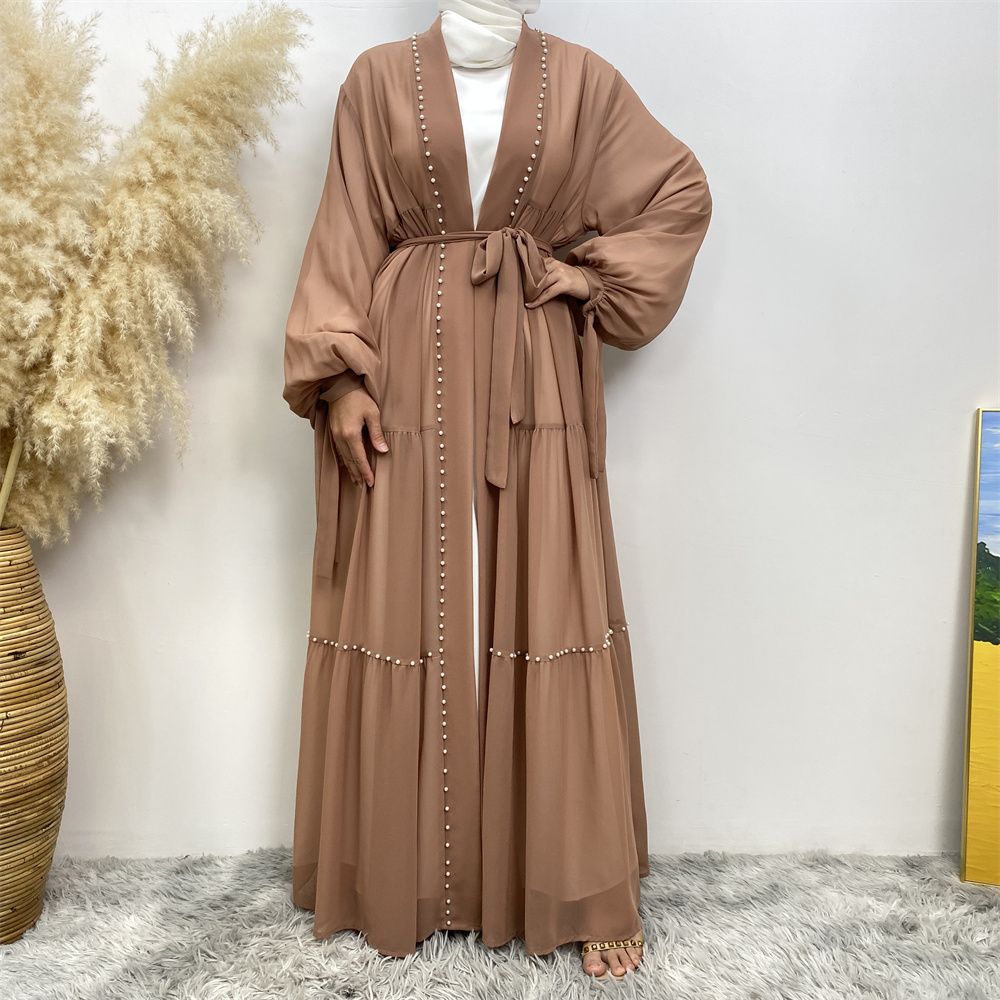 Middle Eastern Arab Turkish fashion, elegant solid color beaded Muslim women's wear, Lin Tie chiffon cardigan, long robe dress