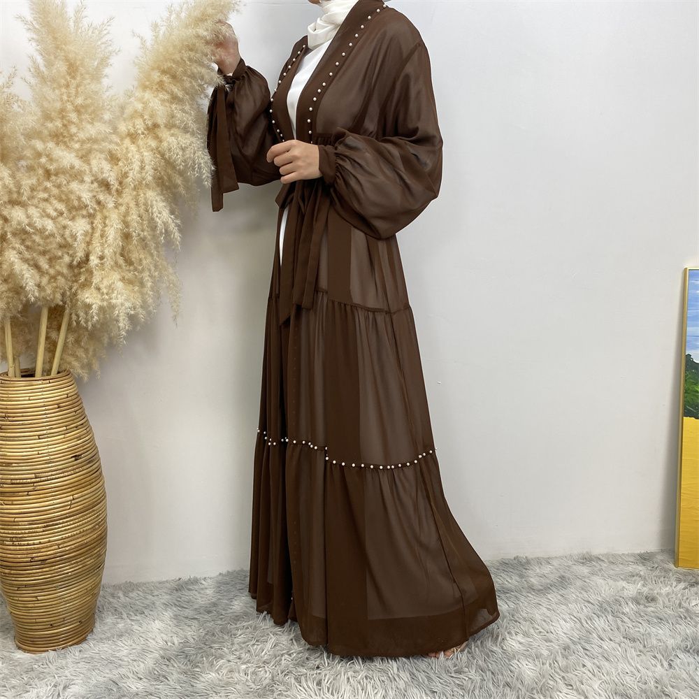 Middle Eastern Arab Turkish fashion, elegant solid color beaded Muslim women's wear, Lin Tie chiffon cardigan, long robe dress