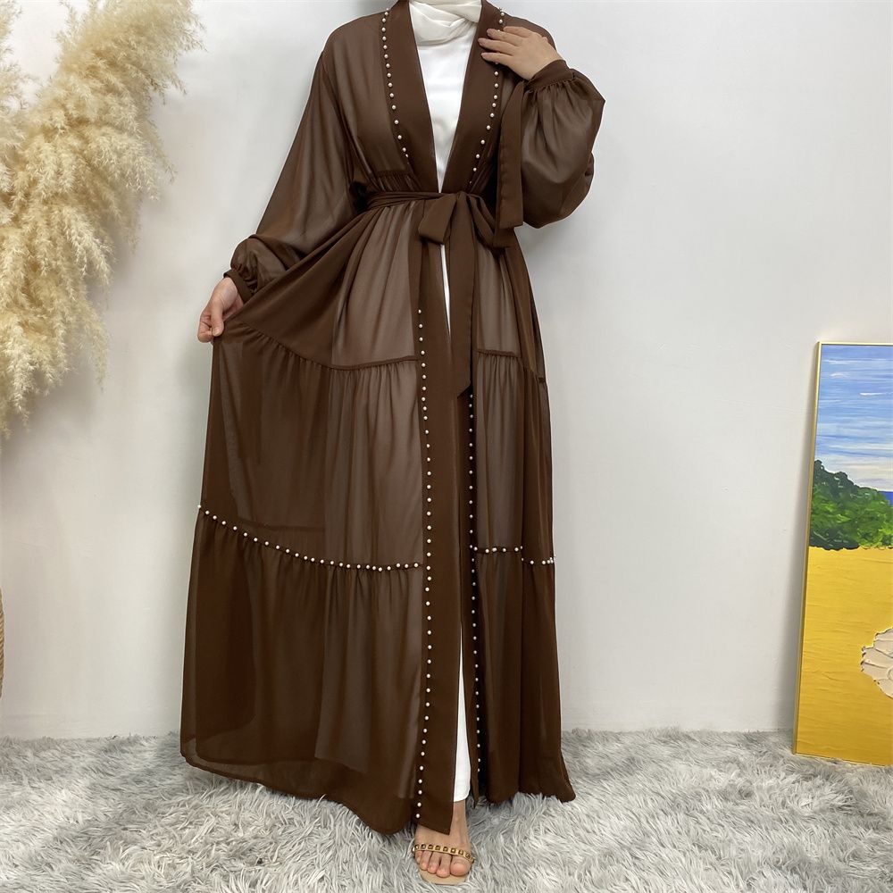 Middle Eastern Arab Turkish fashion, elegant solid color beaded Muslim women's wear, Lin Tie chiffon cardigan, long robe dress